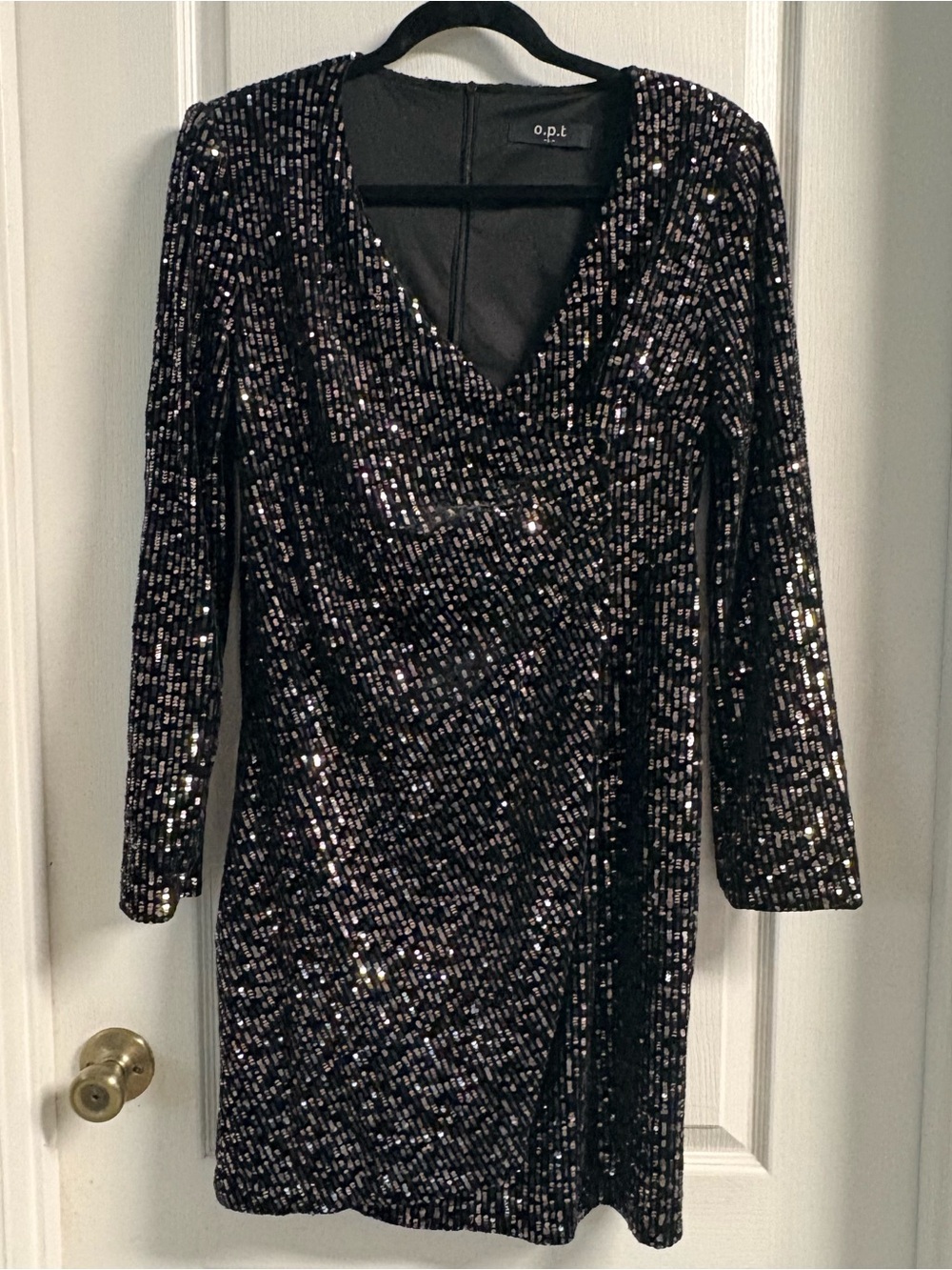 O.P.T. Anthropologie Black Sequin V-Neck Long Sleeve Mini Dress